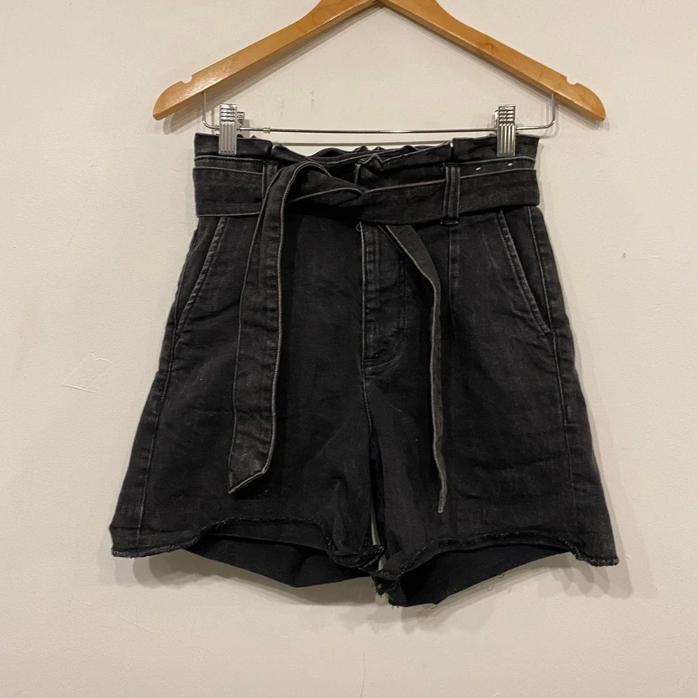 Express Black Paperbag Waist Denim Shorts Extreme High Rise Tie Belt Size 0